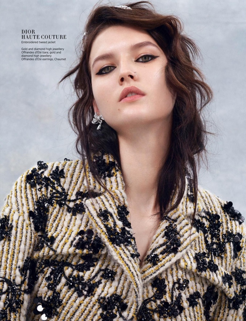 Getting her closeup, Katlin Was wears Dior Haute Couture embroidered tweed jacket