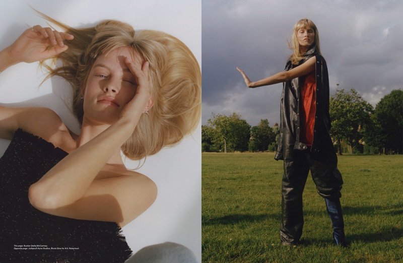 (Left) Klara Kristin models Stella McCartney bustier (Right) The model wears Acne Studios jumpsuit with A.V. Robertson x Gina boots