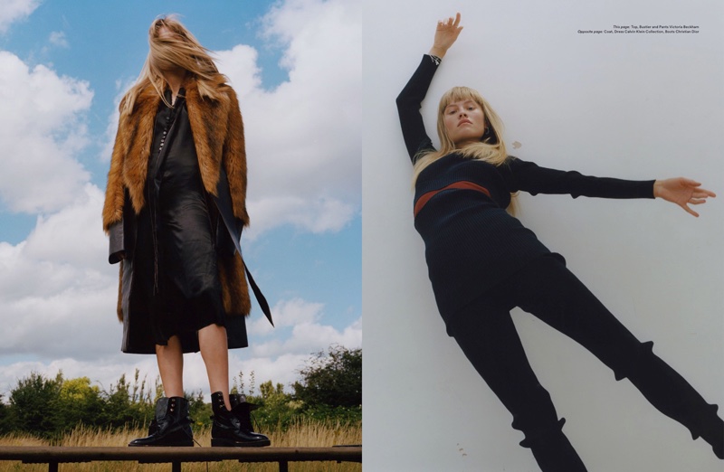 (Left) The model poses in Calvin Klein collection coat and dress with Dior boots (Right) Klara Kristin models top, bustier and pants from Victoria Beckham 