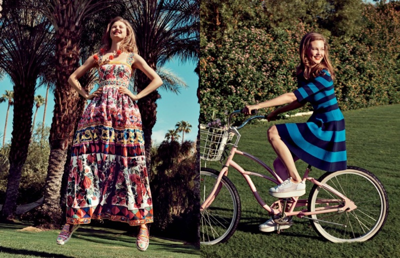 (Left) Dolce & Gabbana Embellished Long Peasant Gown and Carretto-Print Leather Skate Sneaker (Right) Akris Punto Striped Half-Sleeve Milano-Knit Dress 