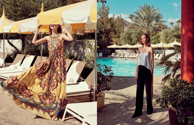 (Left) Roberto Cavalli Printed Flutter-Sleeve Ruffle-Bib Gown (Right) Diane Von Furstenberg Top and Pants