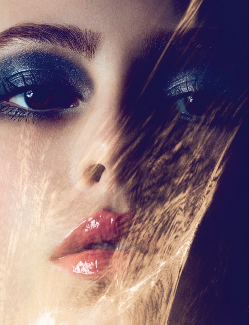 Lorena Maraschi models glittery eyeshadow and a glossy pout