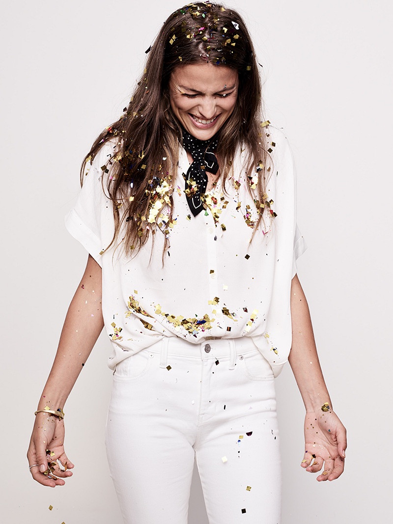 Madewell Central Drapey Shirt, 9” High-Rise Skinny Jeans in Pure White, Silk Bandana and Waterlight Cuff Bracelet
