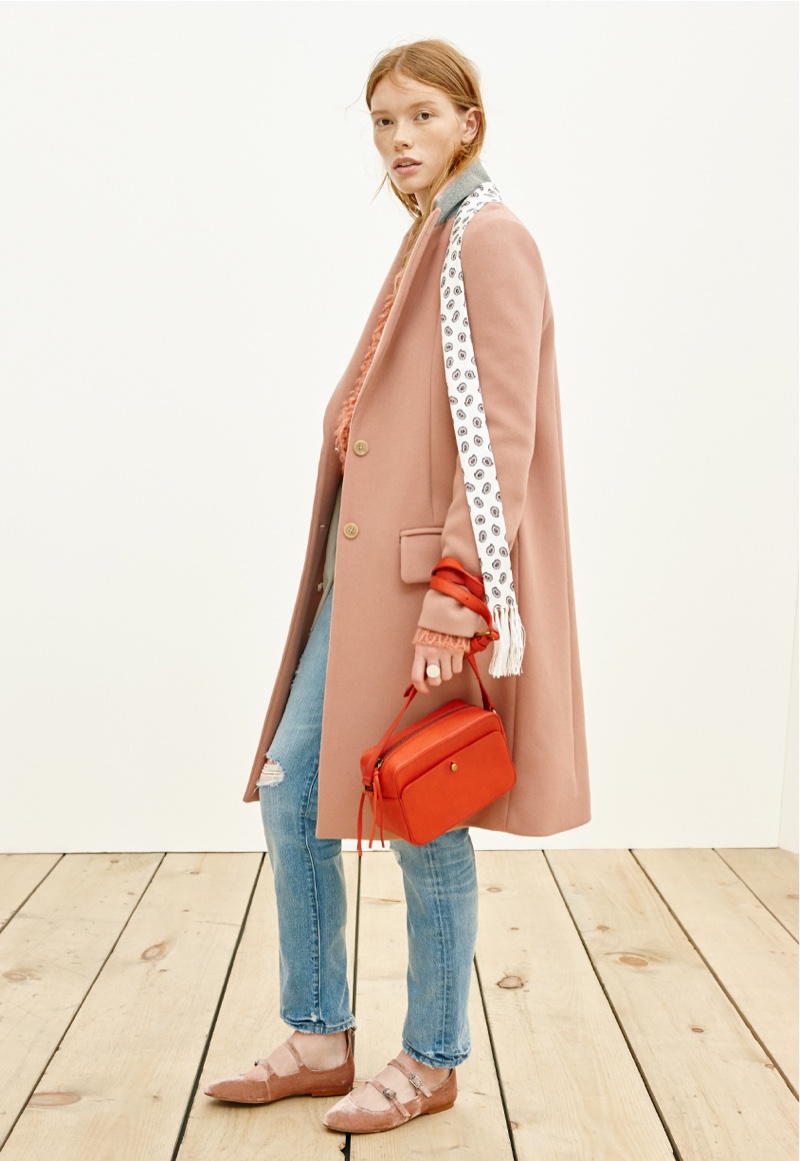 Madewell Teatro Swing Coat, Perfect Vintage Jean, Manchester Crossbody Bag, Velvet Julie Flat and Silk Skinny Scarf