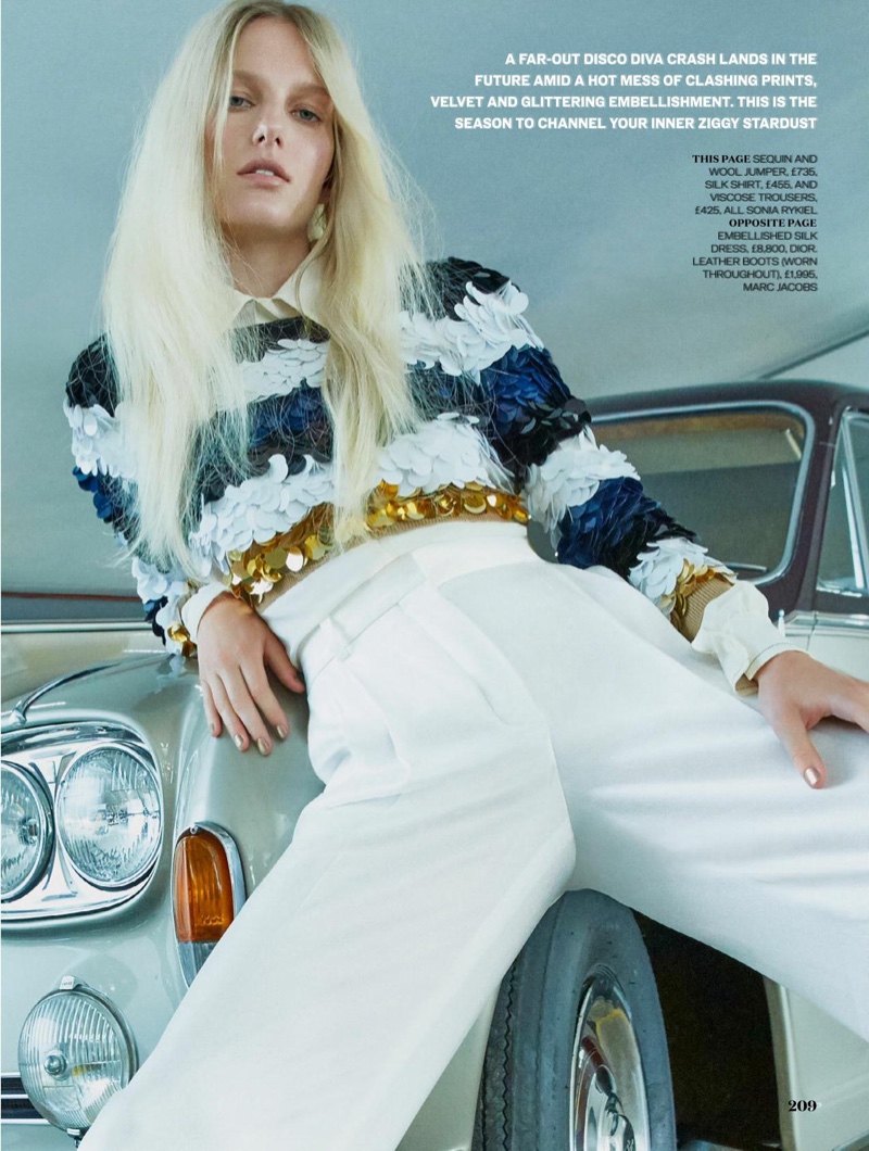Model Marique Schimmel poses in seventies inspired looks for the fashion editorial