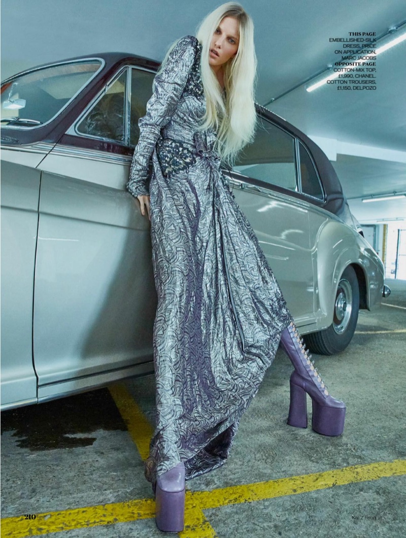 Shining in silver, Marique Schimmel wears Marc Jacobs embellished silk dress and leather boots