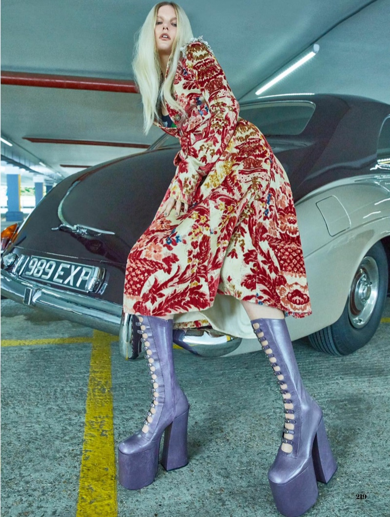 Marique Schimmel wears Miu Miu embellished velvet coat and Marc Jacobs leather boots