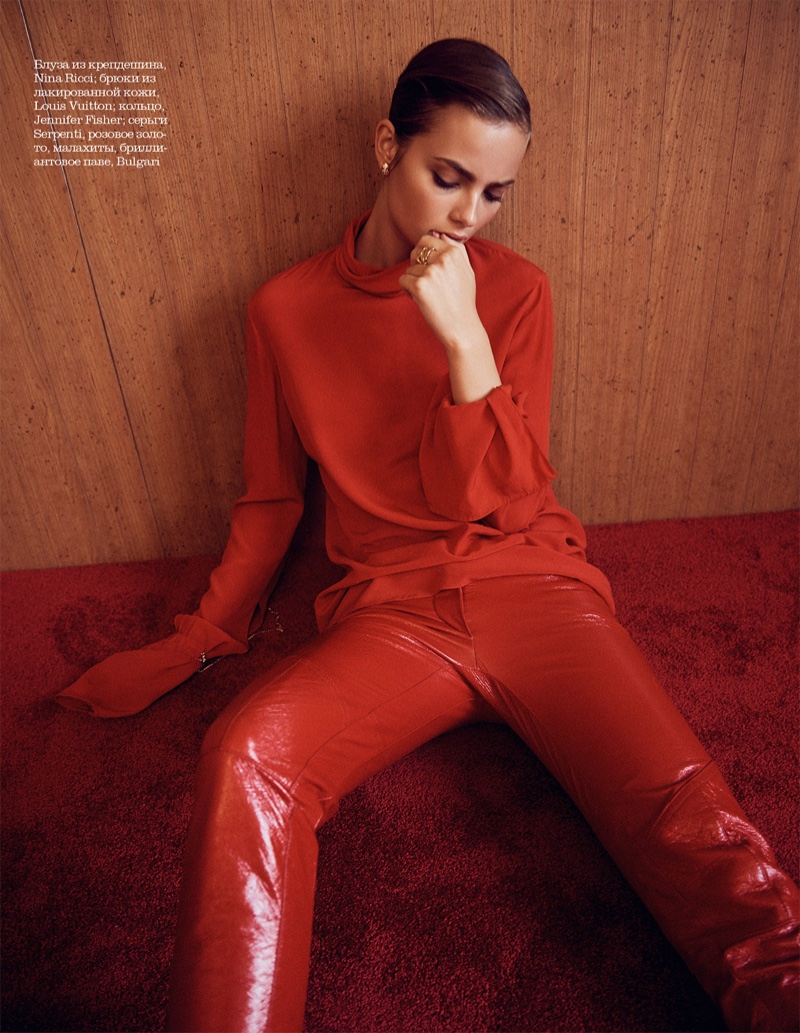 Model Moa Aberg wears Nina Ricci blouse with red leather Louis Vuitton pants