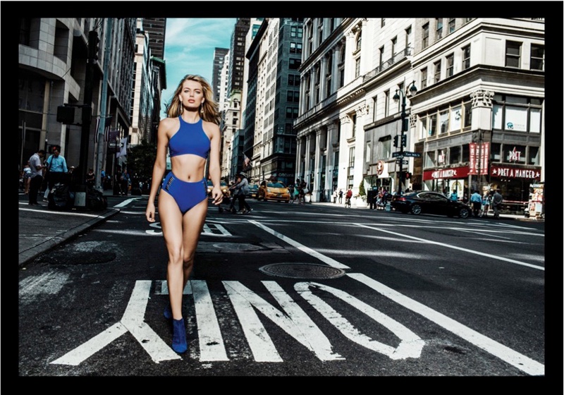 Strutting in the city streets, Bregje Heinen wears Moeva Phoebe bikini top and high-waist bottoms