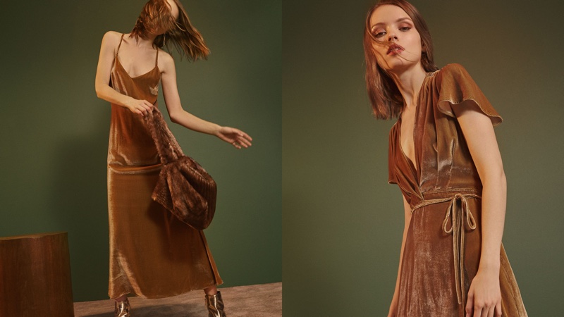 Reformation Chemise Dress in Chestnut and Gemma Dress in Gold