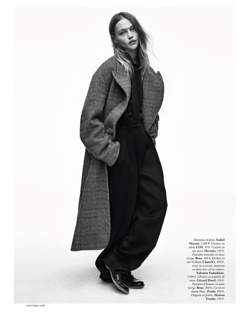 Sasha Pivovarova models Isabel Marant coat, COS top and BOSS pants