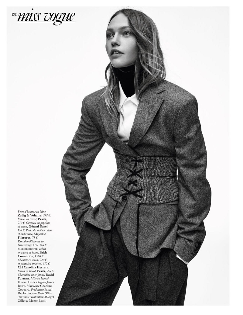Sasha Pivovarova poses in Zadig & Voltaire jacket, Prada corset and IRO pants
