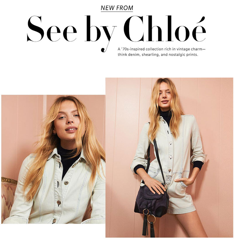 See by Chloe Denim Romper, Vince Turtleneck Sweater (worn underneath) and See by Chloe Polly Small Bucket Bag