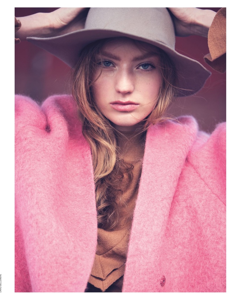 The model gets her closeup in Tessa coat and Stella McCartney dress 