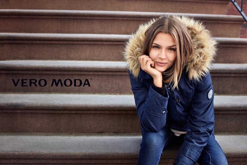 Josephine Skriver flashes a smile in fur hooded jacket from Vero Moda