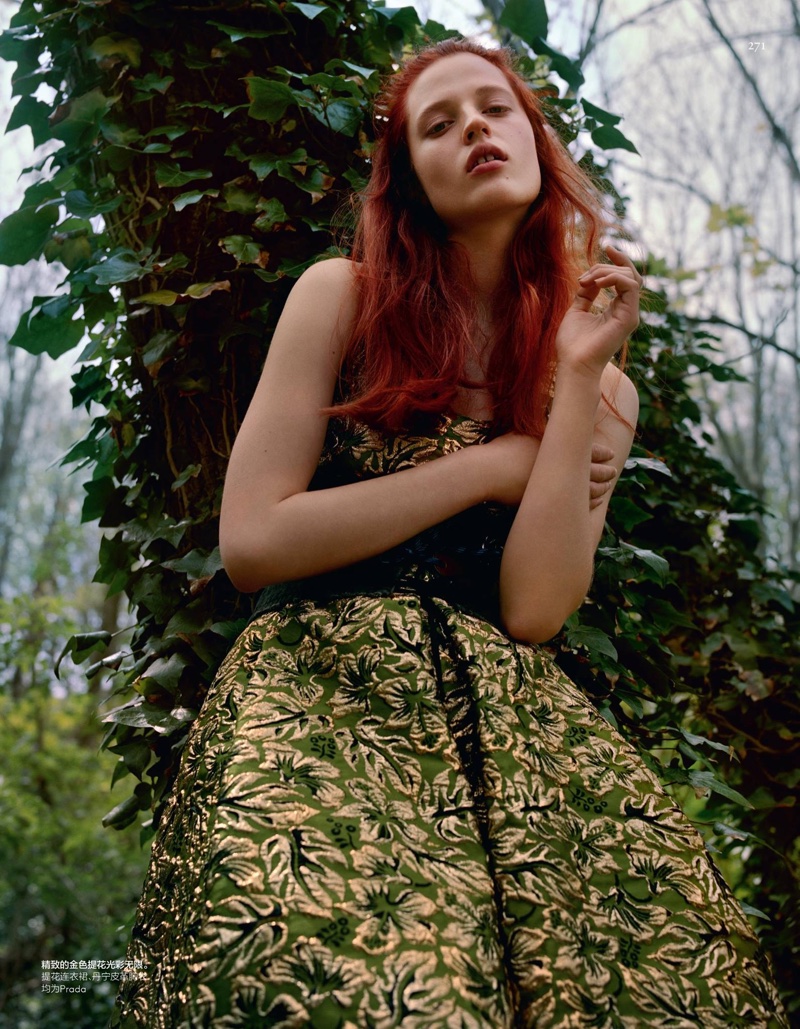 Julia Banas models Prada brocade dress with corset