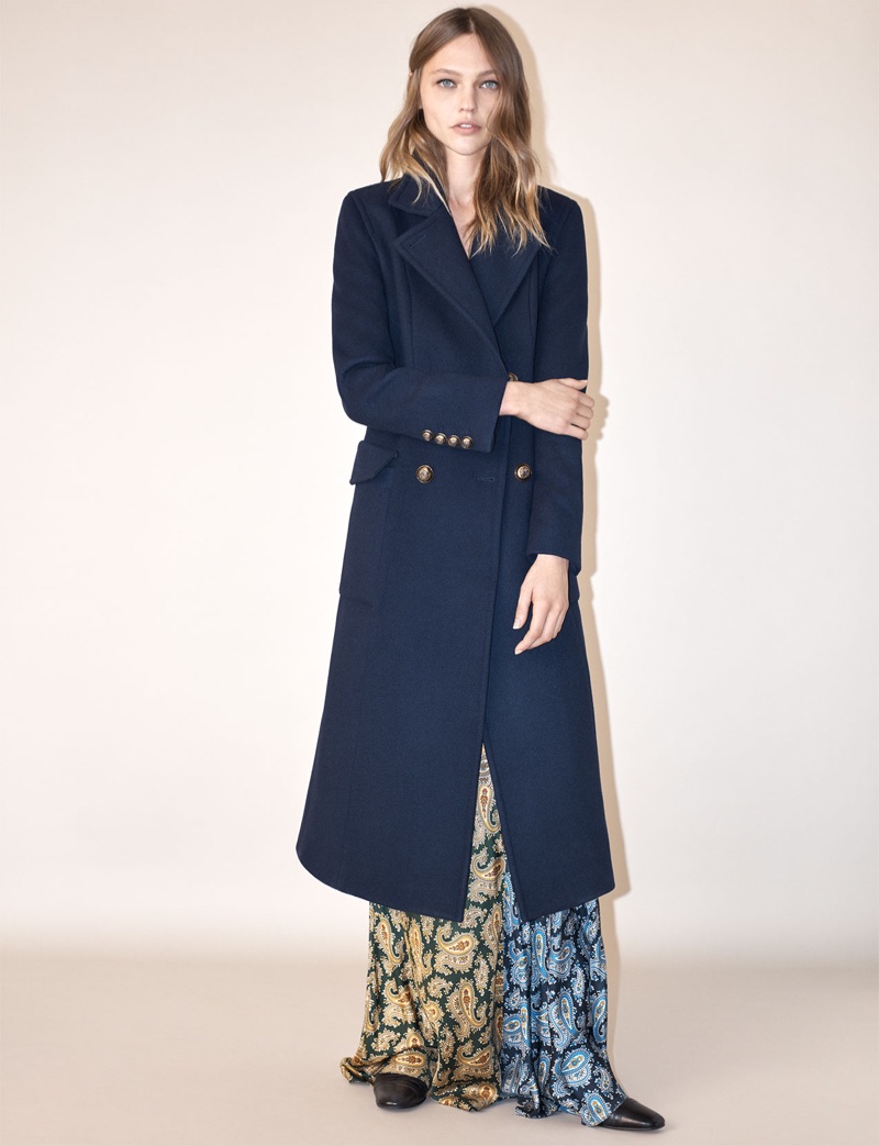 Zara long navy coat and long studio patchwork paisley slip dress