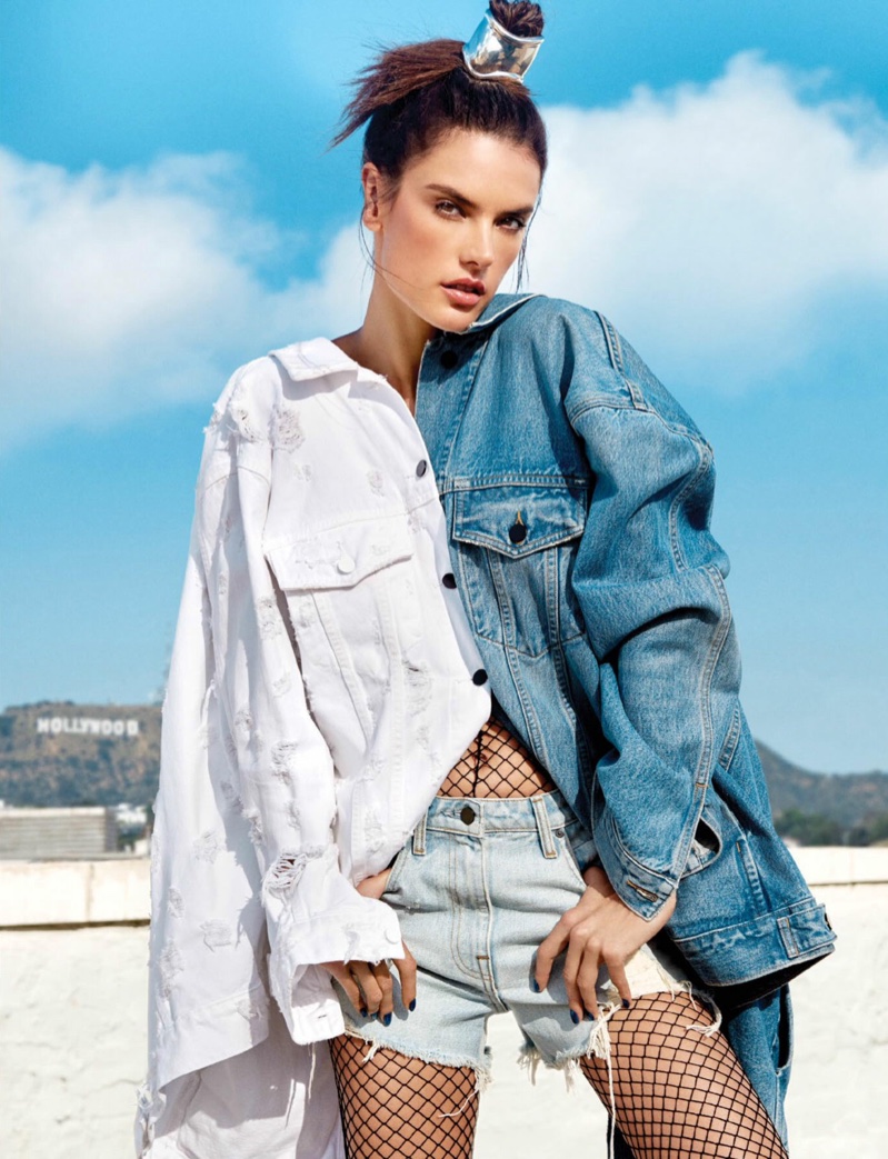 Model Alessandra Ambrosio wears Alexander Wang denim jackets and shorts