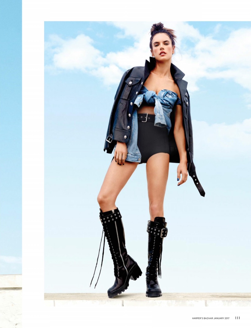 Alessandra Ambrosio gets biker chic in Versus Versace leather jacket, shorts and boots with Levi’s denim shirt