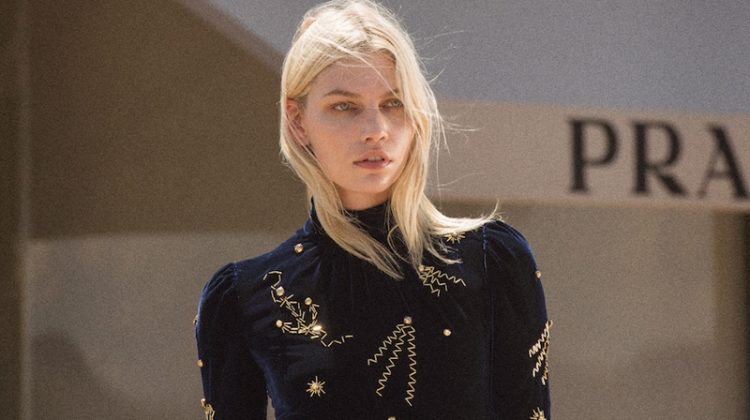 Model Aline Weber wears Prada embellished velvet dress