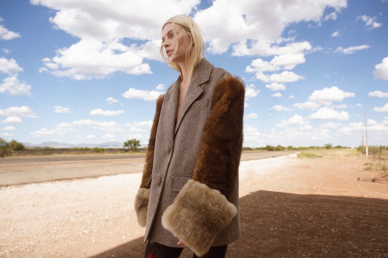 Aline Weber wears Prada wool and fur embellished jacket