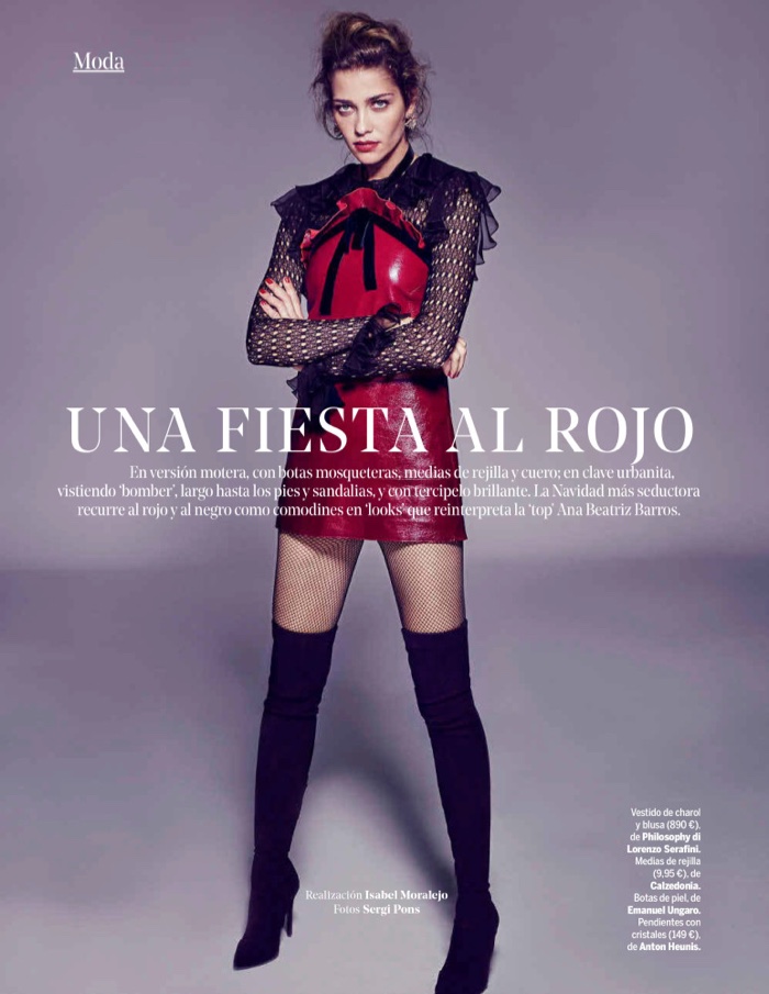 Looking red-hot, Ana Beatriz Barros models Philosophy di Lorenzo Serafini dress and blouse with Emanuel Ungaro boots