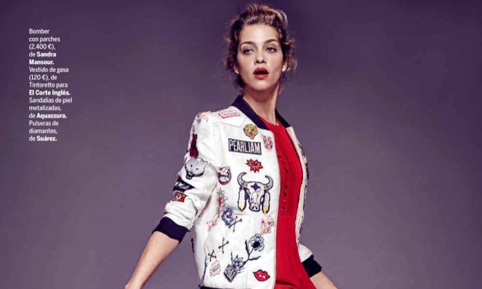 Ana Beatriz Barros models Sandra Mansour bomber jacket with El Corte Ingles dress and Aquazzura heels