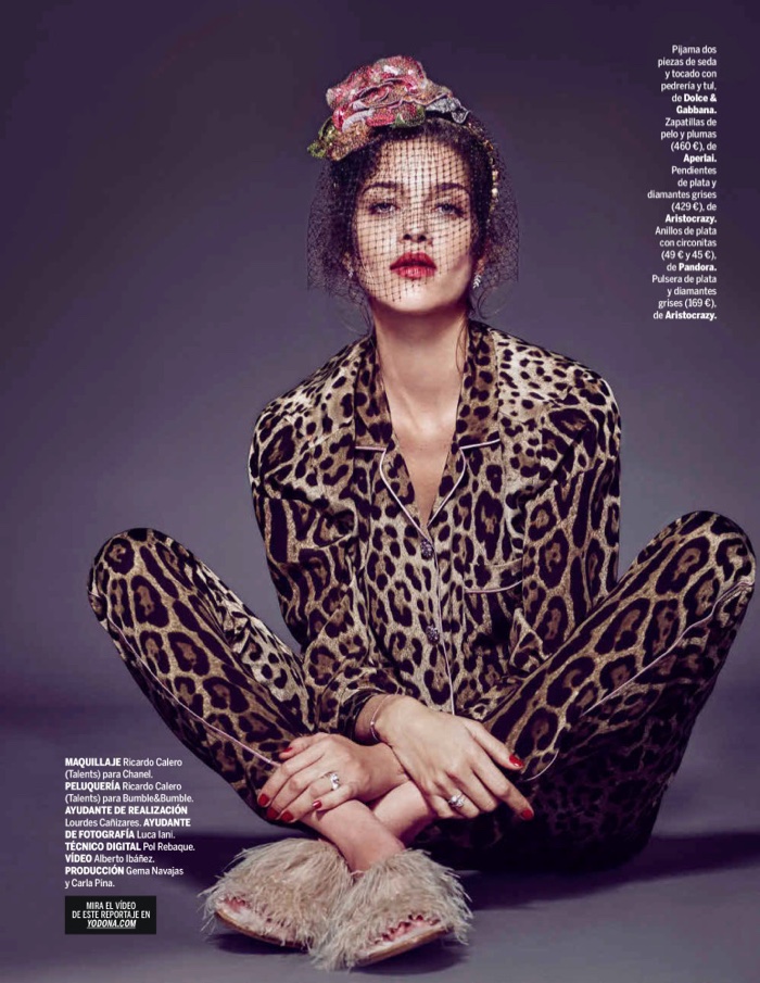 Ana Beatriz Barros models Dolce & Gabbana pajama shirt and pants with feathered shoes from Aperlai
