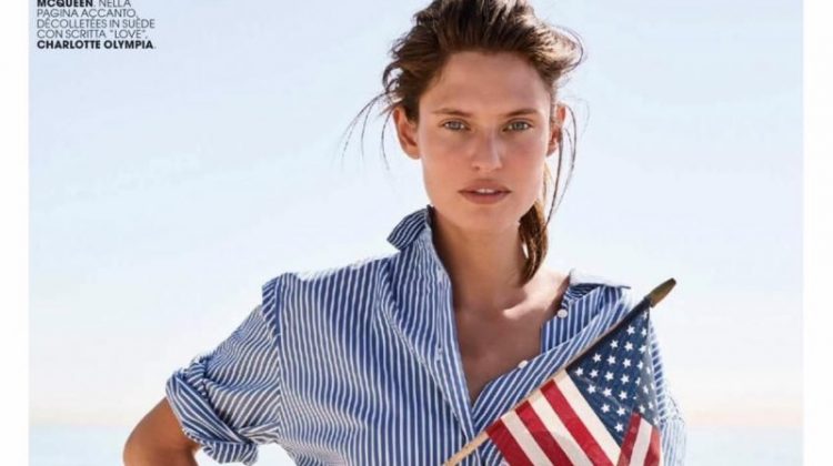 Waving an American flag, Bianca Balti models Twinset shirt, Saint Laurent jeans and Alexander McQueen belt