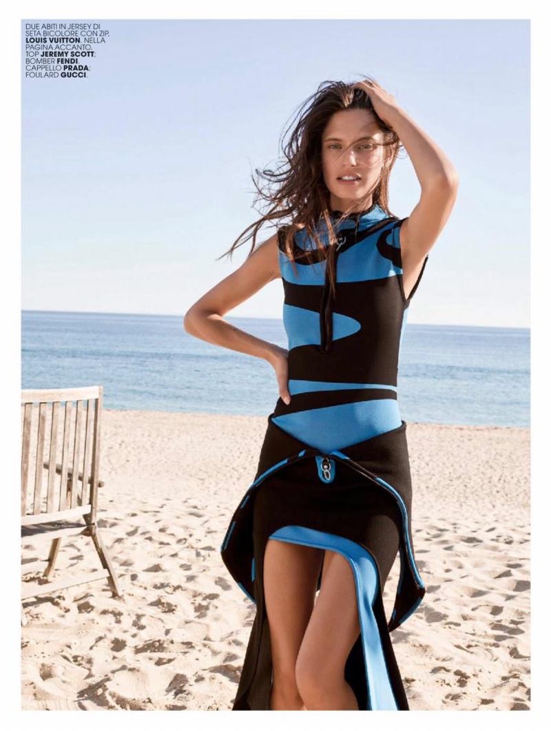 Posing on the beach, Bianca Balti wears Louis Vuitton dress with zipper detail