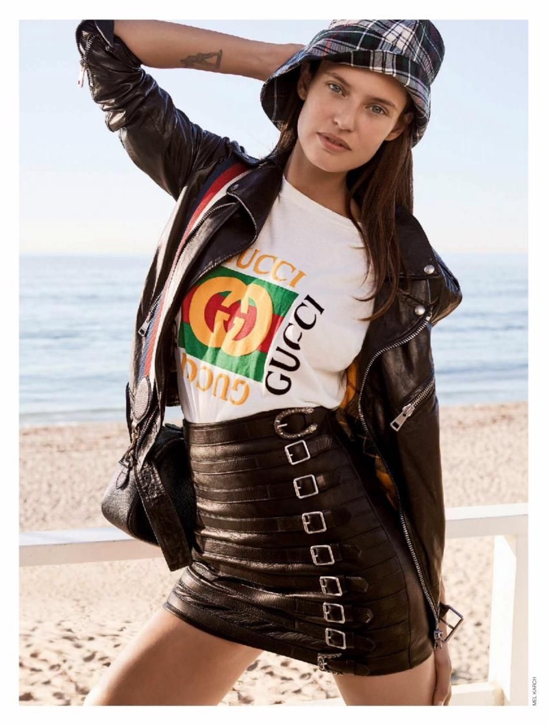 Serving casual glam, Bianca Balti wears Gucci look with leather jacket and skirt