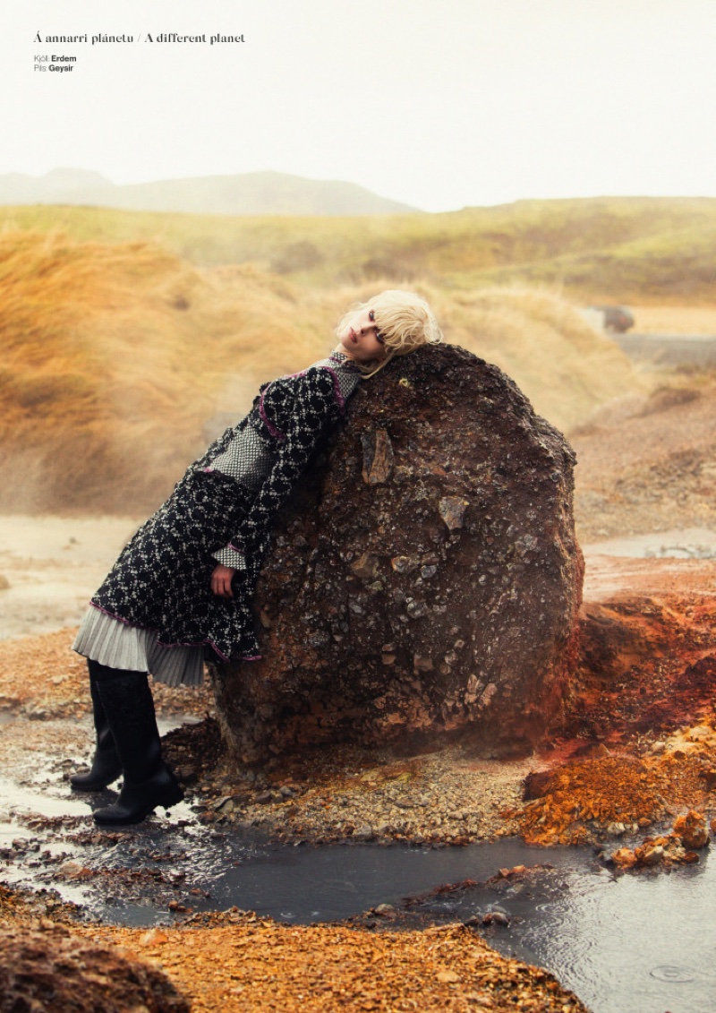 Posing outdoors, Coco Rocha models Erdem dress and Geysir skirt