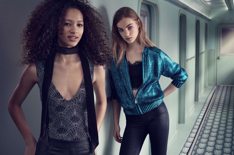 (Left) H&M Glittery Bodysuit, Narrow Scarf and Imitation Leather Treggings (Right) H&M Metallic-Print Cardigan, Lace Bustier and Slim-Fit Pants with High Waist