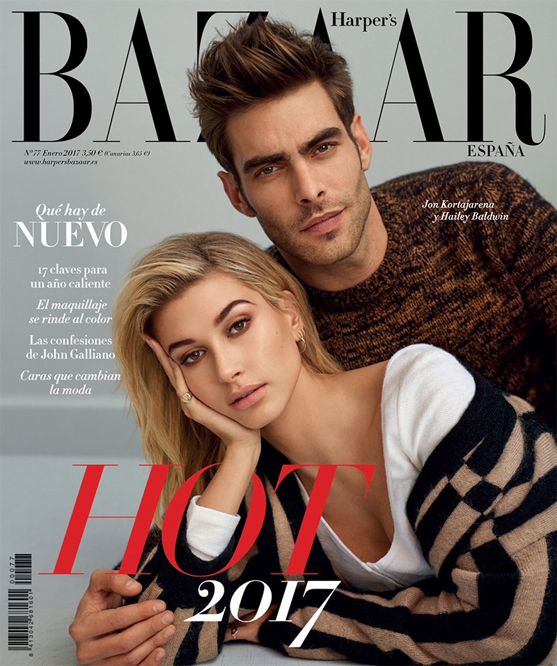 Hailey Baldwin and Jon Kortajarena on Harper's Bazaar Spain January 2017 Cover