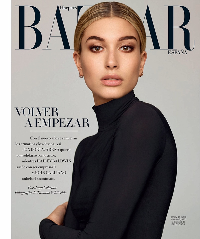 Getting her closeup, Hailey Baldwin wears Balenciaga turtleneck top