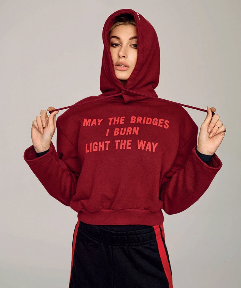 Hailey Baldwin covers up in Vetements hooded sweatshirt and track pants