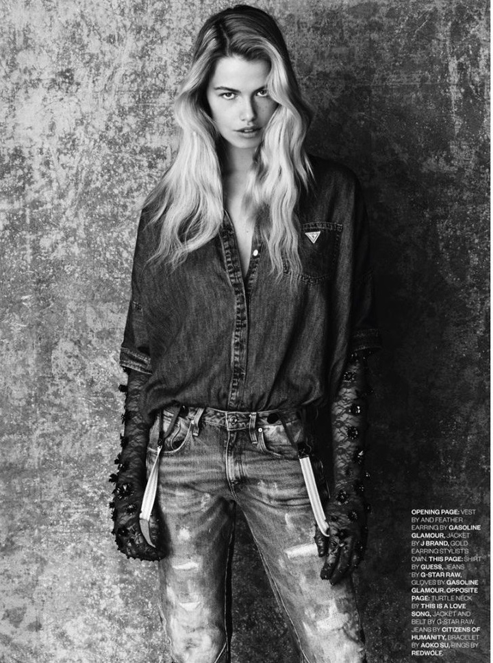 Hailey Clauson wears Guess shirt, G-Star Raw jeans and Gasoline Glamour gloves