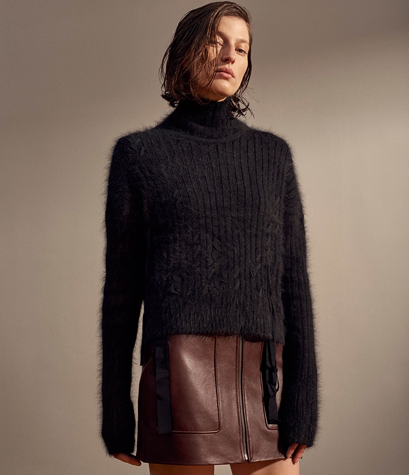 Helmut Lang Grosgrain-Accented Funnel Neck Sweater and Leather Miniskirt