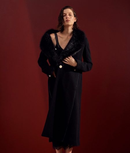 Helmut Lang's Resort Collection Embraces Laid-Back Luxe Helmut Lang Faux Fur Collar Coat and Scalloped-Lace Trimmed Slip Dress