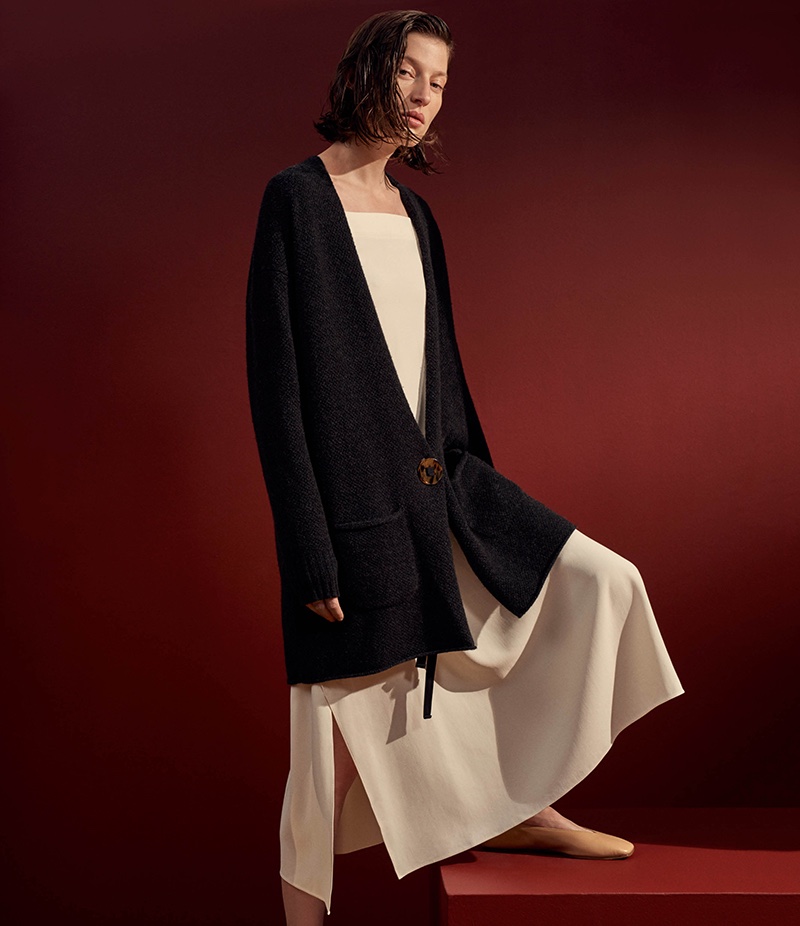 Helmut Lang Oversized Wool-Cashmere Cardigan, Apron-Front Column Gown and Leather Square-Toe Flats