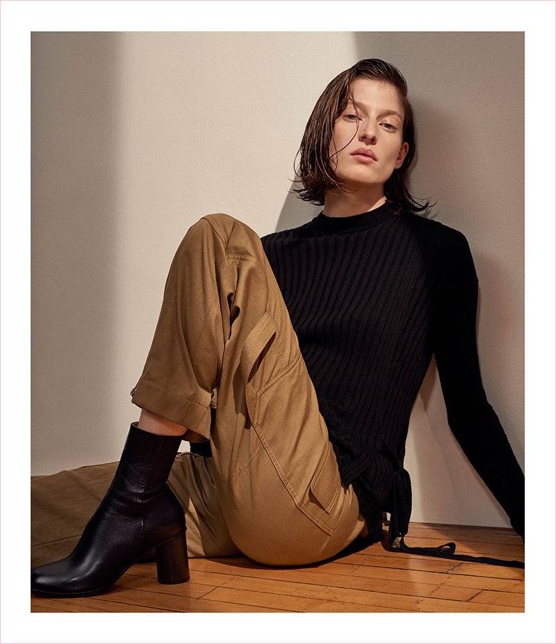 Helmut Lang Layered Merino Wool Rib-Knit Sweater, Twill Cargo Pants and Cylindrical-Heel Leather Ankle Boots