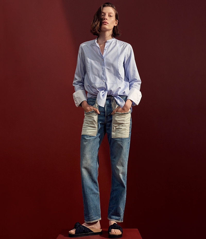 Helmut Lang Striped Cotton Poplin Shirt, Cotton Inside-Out-Pocket Jeans and Knotted Faille Slide Sandals