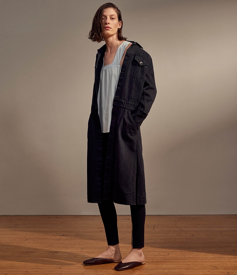 Helmut Lang Trucker Jacket Trench Coat, Self-Tie Pinafore Top, Stretch Twill Leggings and Square-Toe Leather Slippers
