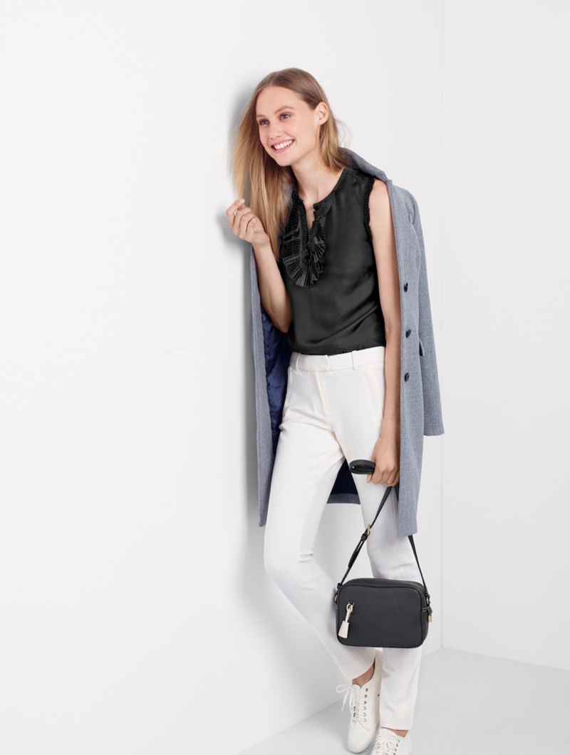 J. Crew Regent Topcoat in Double-Serge Wool, Margot Top in Silk, Maddie Pant in Bi-Stretch Wool, Women’s Tretorn Canvas T56 Sneakers and Signet Bag in Italian Leather