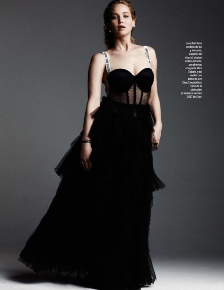 Jennifer Lawrence Charms in Dior Looks for Yo Dona Posing in a studio, Jennifer Lawrence wears a tulle dress and lingerie from Dior