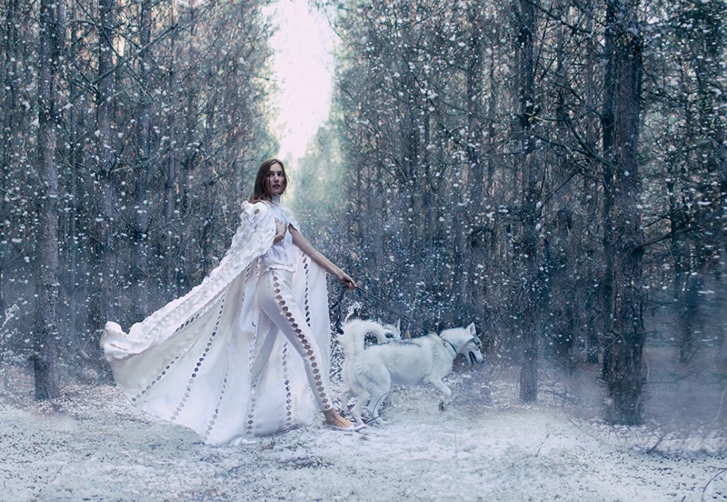 Posing in the forest, Josephine le Tutour wears looks from the fall-winter haute couture collections