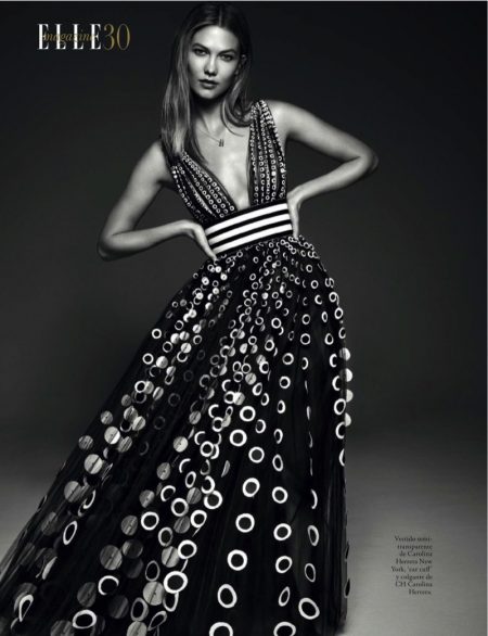 Karlie Kloss Models Carolina Herrera Fashion for ELLE Spain Model Karlie Kloss wears semi-transparent Carolina de Herrera dress and CH Carolina Herrera jewelry
