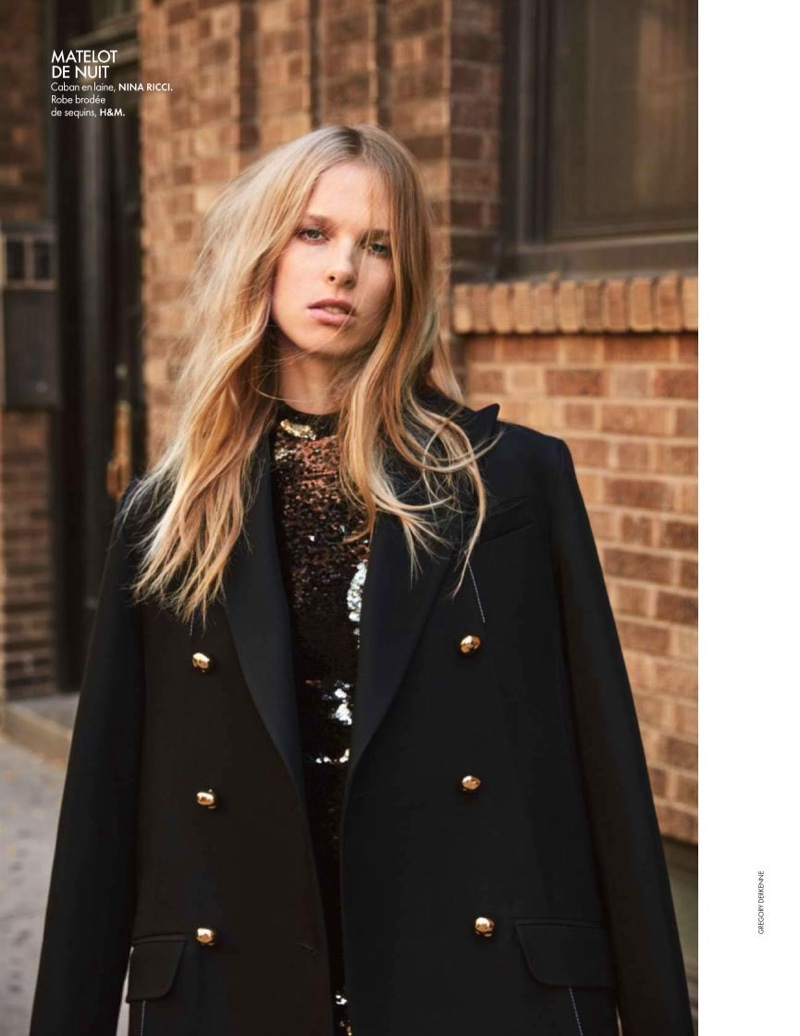 Lina Berg models Nina Ricci coat with H&M sequined dress