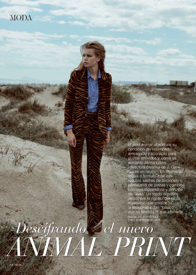 Model Linda Slava embraces animal print in a Roberto Cavalli print suit