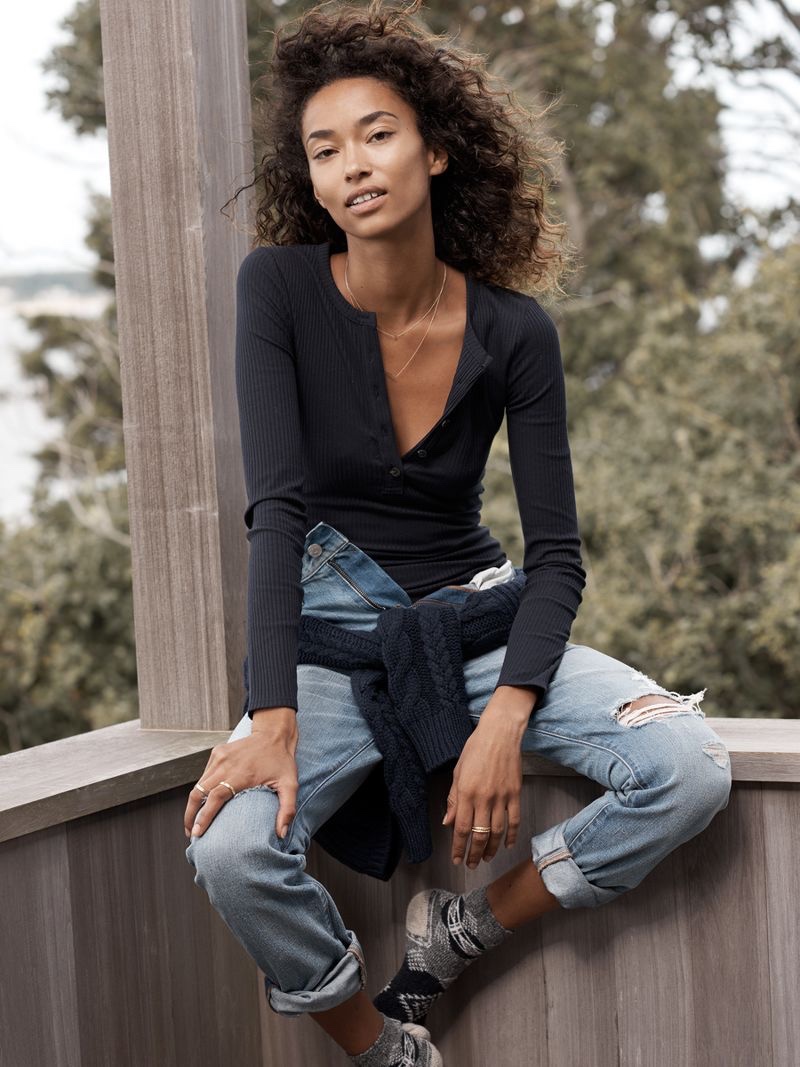 Madewell Demo Henley Bodysuit, Perfect Vintage Jean in Chet Wash: Distressed Edition and Diamond Carpet Ankle Socks